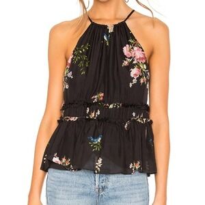 Joie‎ Floral Halter Silk Blouse M Peplum Party Boho Feminine Summer Birds Black